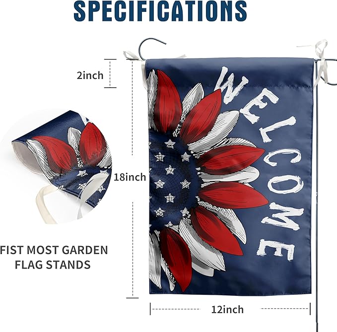 4th of July Sunflower Garden Flag Red White Blue Floral Yard Flags Small Memorial Independence Day Banner 12x18 Double Sided for Outside Outdoor Patriotic Decor