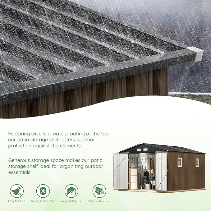 10X12X7.5 FT Outdoor Steel Storage Shed with Lockable Doors, 2 Windows, Transparent Roof Panels (Wood Panels & Frame Floor Not Included), Ideal for Patio Storage,Garbage Can, Chicken Coop，Brown