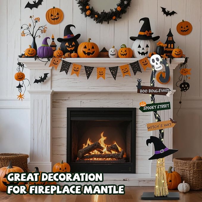 Halloween Decorations |Lighted Witch's Broom Halloween Wooden Porch Sign | Spooky Light Up Witch Decorations Sign for Indoor Outdoor Yard Decor