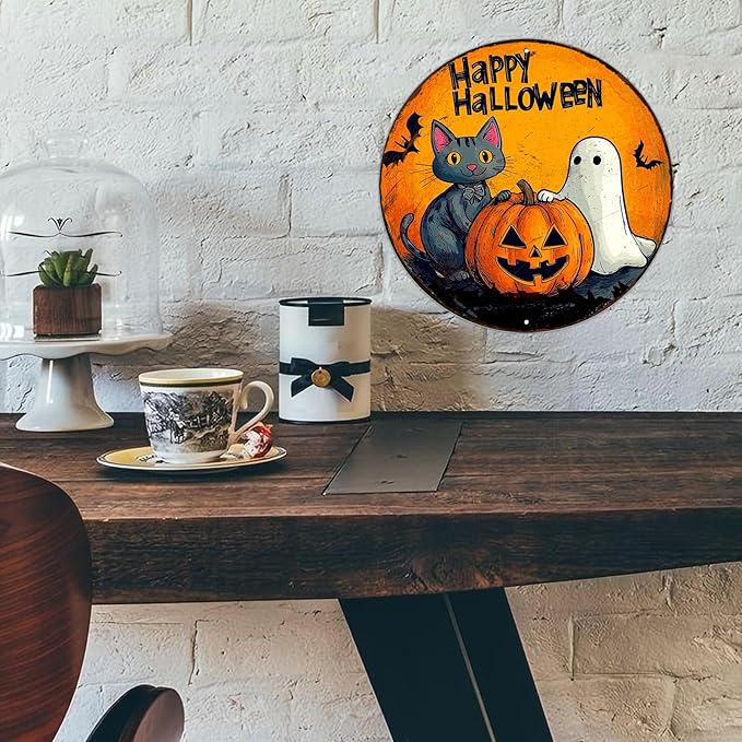 PEACHGARDEN Round Halloween Black Cat Vintage Sign Happy Halloween Pumpkin Metal Tin Sign for Home Bar Kitchen Hotel Dining Room Coffee 12x12inch