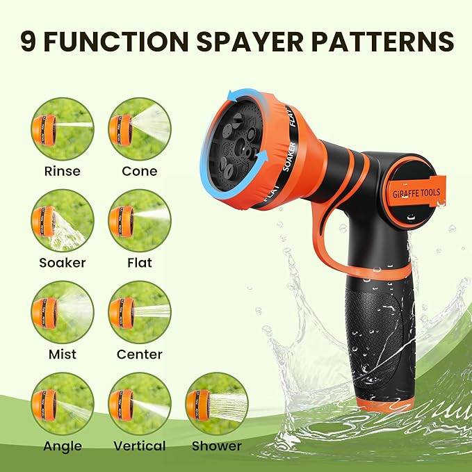 Giraffe Tools Garden Hose 25FT 1/2” Non-Expandable Lightweight Flexible Water Hoses Burst 600 psi with 9 Spray Function Nozzle Heavy Duty Hose