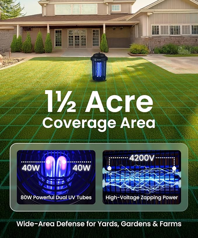 OMT-E80 In/Outdoor Electronic Insect Killer & Catcher Lamp for Mosquitoes, Gnats, Aedes Mosquitoes, Flies, Moths & More with 2*40W UV Light & 4200V High Voltage Grid, 1.5 Acre Coverage, Black