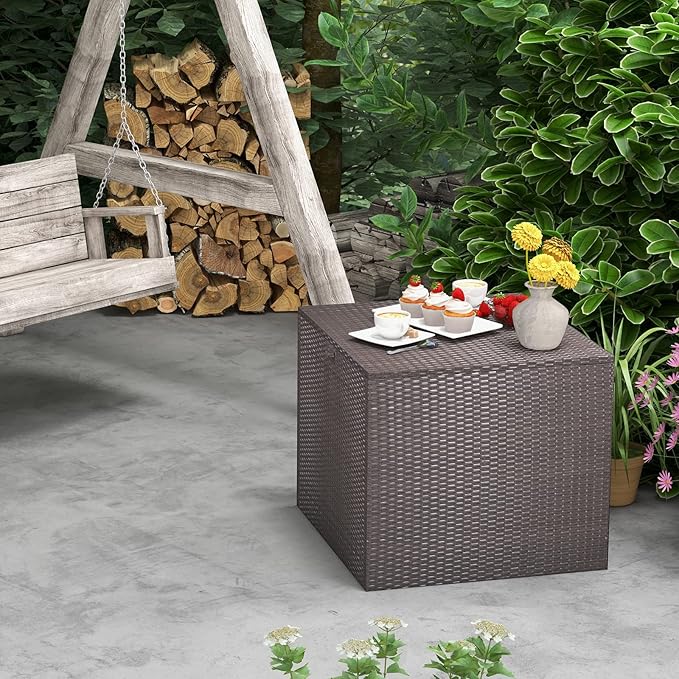 Tangkula 72 Gallon Square Deck Box, Patio Mix Brown Rattan Storage Container w/Zippered Liner & Solid Pneumatic Rod, Sturdy L-Shaped Aluminum Feet, Outdoor Wicker Deck Box for Front Porch, Backyard