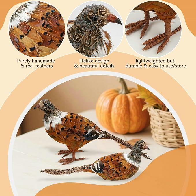 naturevibe Feathered Pheasant Decor Set of 2,Simulation Woodland Animals Figurines with Natural Pheasant Feathers as Fall Home Decor or Gifts for Autumn Harvest Festival
