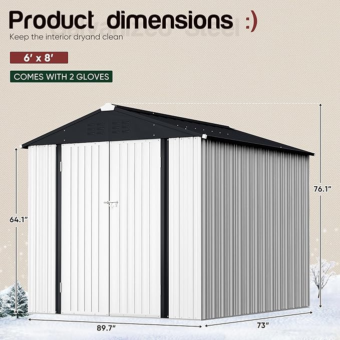GUNJI 6 x 4 FT Shed Outdoor Storage Shed Metal Garden Shed with Lockable Door Outside Waterproof Tool Shed for Backyard, Patio, Lawn (White)