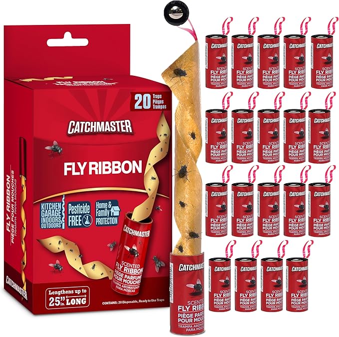 Catchmaster Fly Ribbon 20-Pack, Bug & Fruit Fly Traps Outdoor and Indoor, Premium Adhesive Sticky Strips & Gnat Hanging Strips, Bulk Scented Flying Insect Paper Rolls, Non Toxic Home Pest Control