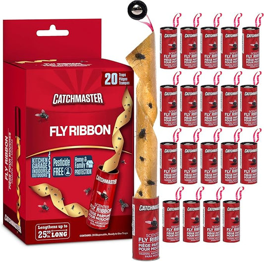 Catchmaster Fly Ribbon 20-Pack, Bug & Fruit Fly Traps Outdoor and Indoor, Premium Adhesive Sticky Strips & Gnat Hanging Strips, Bulk Scented Flying Insect Paper Rolls, Non Toxic Home Pest Control