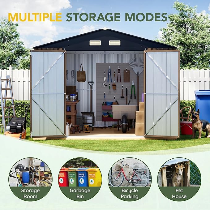 Breezz Outdoor Storage Shed 10 x 10ft. Utility Tool Shed Metal Storage Garden Shed with Lockable Doors, Windows & Metal Frame Floor for Patio Storage,Brown