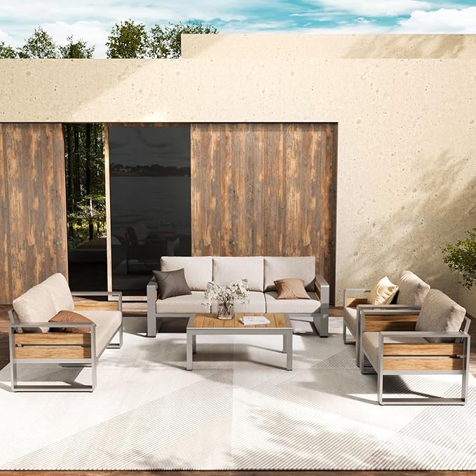 ZANDOR Outdoor Patio Conversation Sets, 4-Piece Aluminum Metal Outside Sectional Lawn Furniture with Coffee Table & Washable Thick Cushions,Seating Sofa for Garden/Backyard/Porch, Silver