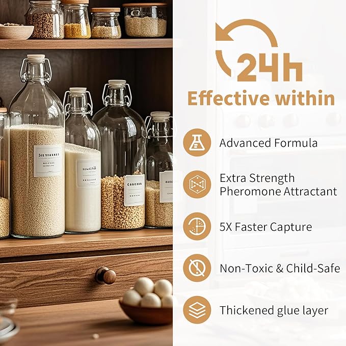 Upgraded Moth Traps, Double Potent Pantry & Clothes Traps with Pheromones Prime, No Toxic & Odorless Meal Moth Trap, Organic Sticky Moths Balls Repellent with Lure for Closet, Kitchens -8Pack