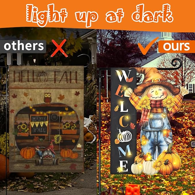 Thanksgiving Lighted Garden Flag, Solar Fall Outdoor Decor Yard Flag,8 Modes 12x18 Double Sided Led Scarecrow Flag Decorations for Home Porch