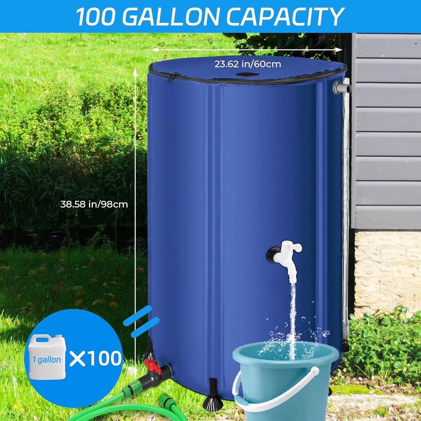 Rain Barrels to Collect Rainwater from Gutter - Portable Water Storage Tank Water Barrel Rainwater Collection System Rain Catcher Include Filter Two Spigots and Overflow Kit (100 Gallon, Blue)