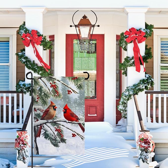 Winter Cardinal Bird Garden Flag Red Bird Pine Twigs Yard Flag Double Sided Polyester Holly Berry Snow Seasonal Garden Flags for Outdoor Farmhouse Christams Holiday Decor 12x18 Inch