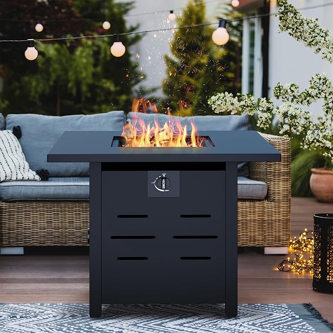 Vongrasig 30 Inch Gas Fire Pit, 50,000 BTU Propane Fire Pits for Outside, Steel Square Fire Table with Lid and Lava Rock, Patio Deck Garden Backyard