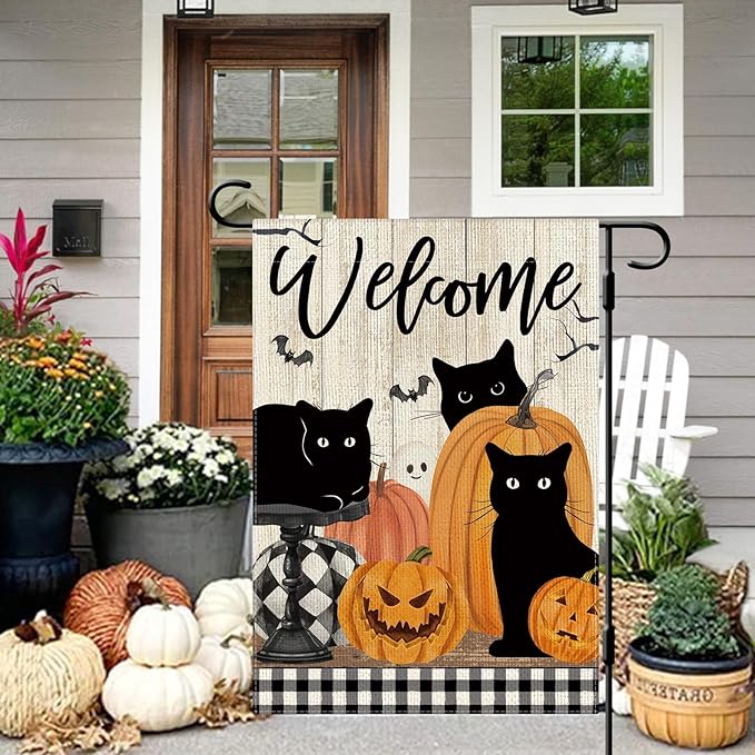 DLZDN Welcome Halloween Cat Garden Flag Black Cat Pumpkins Flag 12×18 Inch Double Side Vertical Burlap Farmhouse Yard Sign Holiday Seasonal Outdoor House Decoration