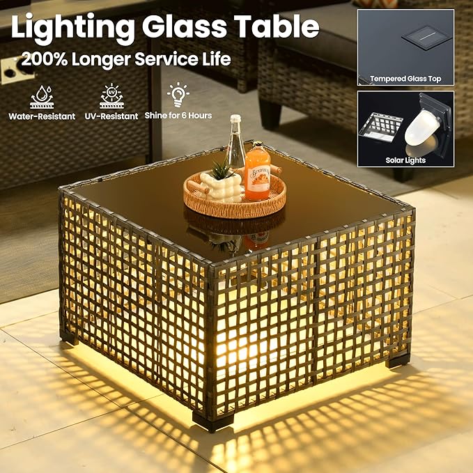 ovios 9 Pieces Patio Furniture Set with 54" Fire Pit Table, Outdoor Sofa Couch with Solar Lights Table Comfy Cushions, Modern Deep Seat Wicker Rattan Conversation Set, Dark Grey