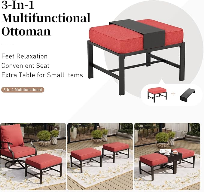 6 Piece Metal Outdoor Patio Furniture Set with Firepit Table, Patio Conversation Set 1 3-Seater Sofa, 2 Swivel Chair, 2 Ottoman with 5.75" Thick Cushion, Black Backyard Furniture, Red