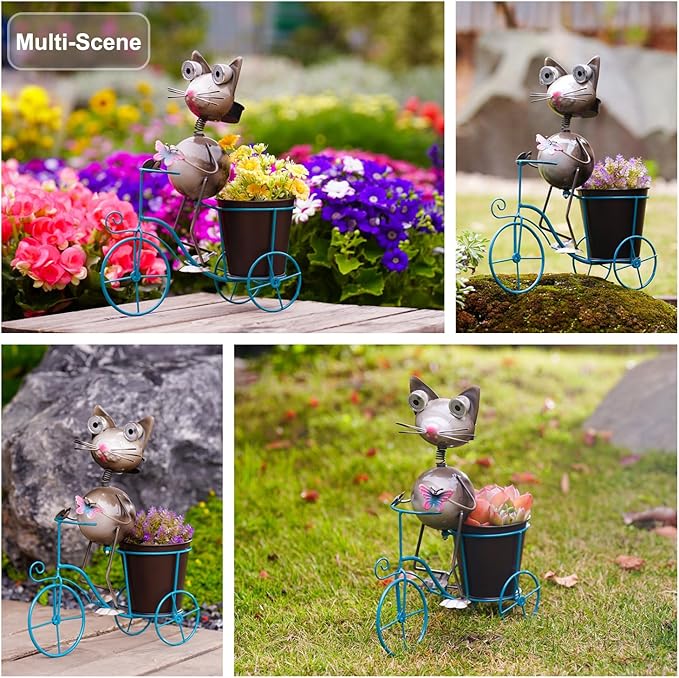 14”Solar Bike Cat Statue Lights Outdoor Metal Yard Art, Funny Bicycle Plant Stand for Garden Patio Decor Lawn Ornaments (Bicycling Cat)