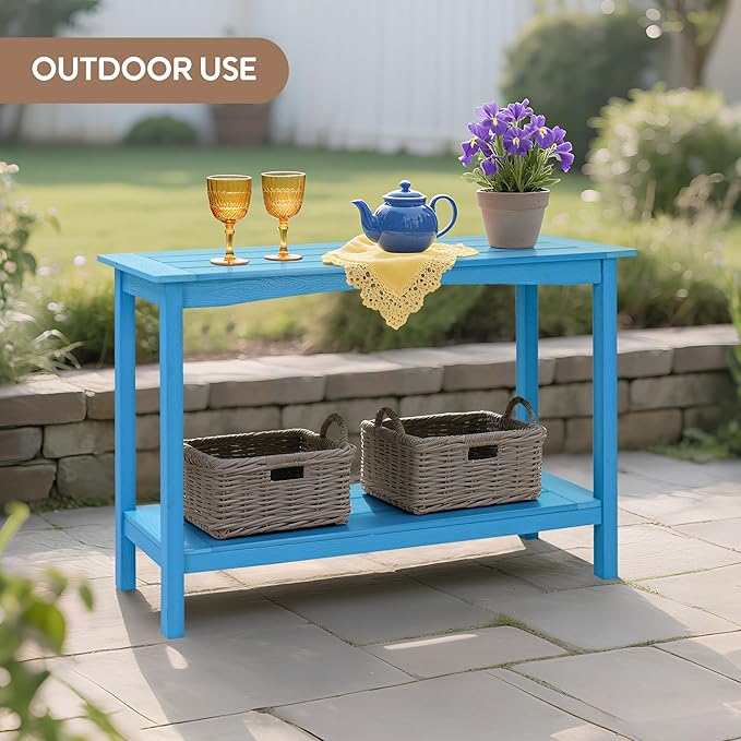 Weatherproof HIPS Outdoor Console Table, 48'' 2-Shelf SideTable Indoor/Outdoor Use, Multifunctional Buffet Table Bar Storage Organizer for Entryway,Yard, Patio, Outside Plant Stand Table, Blue