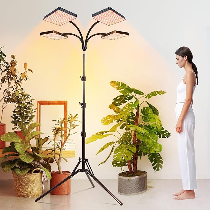 4-Head Grow Light with Stand 100W, FECiDA 2025 Grow Lights for Indoor Plants, Full Spectrum LED Plant Grow Light for Houseplants, Bonsai Tree, 4,8,12,16 Hr Timer and 360° Gooseneck