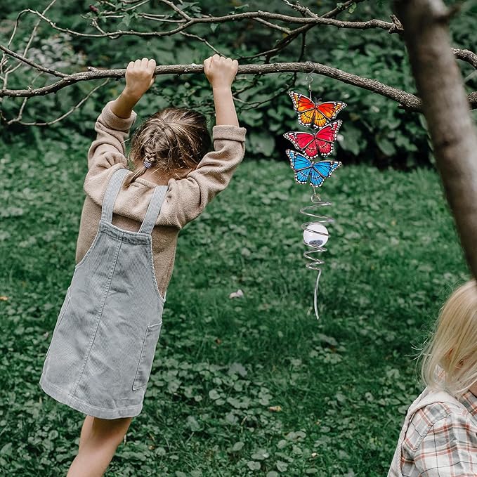 18" Wind Spinner Hanging Metal Figurine Spinner with Glass Ball for Garden Décor, Wind Sculptures & Spinners for Indoor Outdoor Garden Ornament, Butterfly