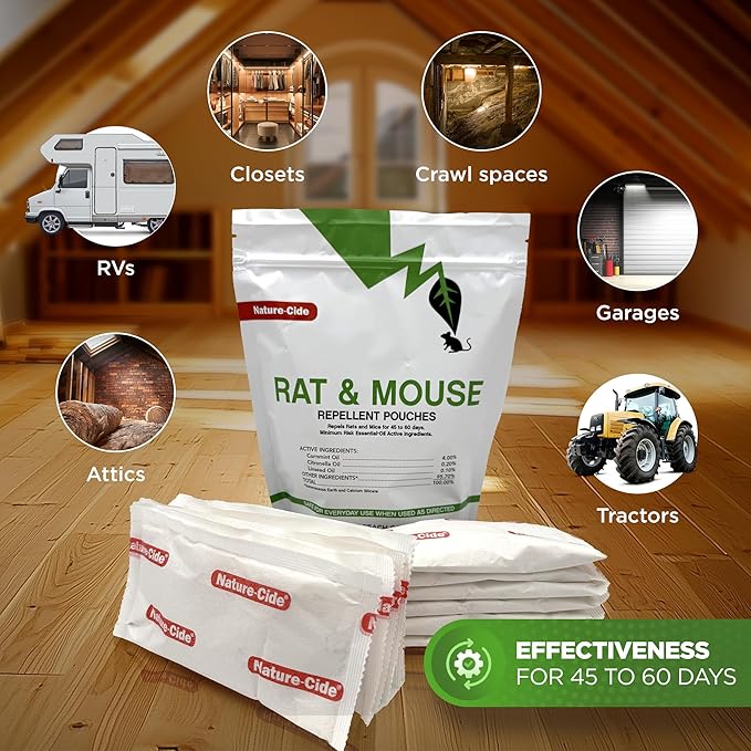 Nature-Cide Rat & Mouse Pouches - Plant-Based Formula for Indoor & Enclosed Spaces - Fresh Mint Aroma, 45-60 Day Use - 25 sq ft Coverage per Pouch (Pack of 48)