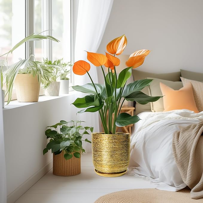 Ceramic Flower Pot for Indoor Plants - 10 Inch Plant Pot with Drainage Hole and Saucer, Decorative Round Outdoor Indoor Planter, Housewarming Gifts, Home Garden Decor, Gold