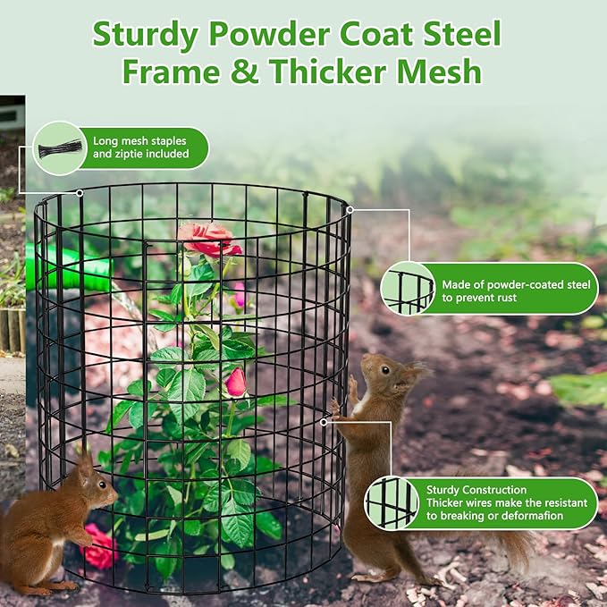 Metal Plant Protector from Animals, 15 Pcs 13'' x 13'' Sturdy Plant Cages with Matching Ground Spikes and Nylon Ties, Keep Animals Out for Plants, Shrubs, Vegetables and Flowers (Black 2)