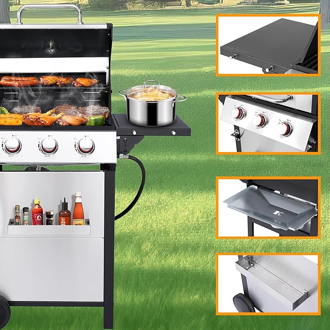 3-Burner Propane Gas Grill with 2 Foldable Side Tables, 30,000 BTU Outdoor BBQ Stainless Steel Grill with Porcelain-Enameled Cast Iron Grates and Thermometer, Easy Assembly for Patio, Backyard BBQ