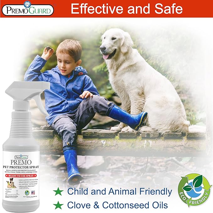 Premo Guard Pet Protector Spray - 16 oz - Kills Mites, Fleas, Ticks, & Mosquitoes - for Dogs, Cats, & Home - Natural Plant Based Oils for Control, Prevention & Treatment - Family Safe