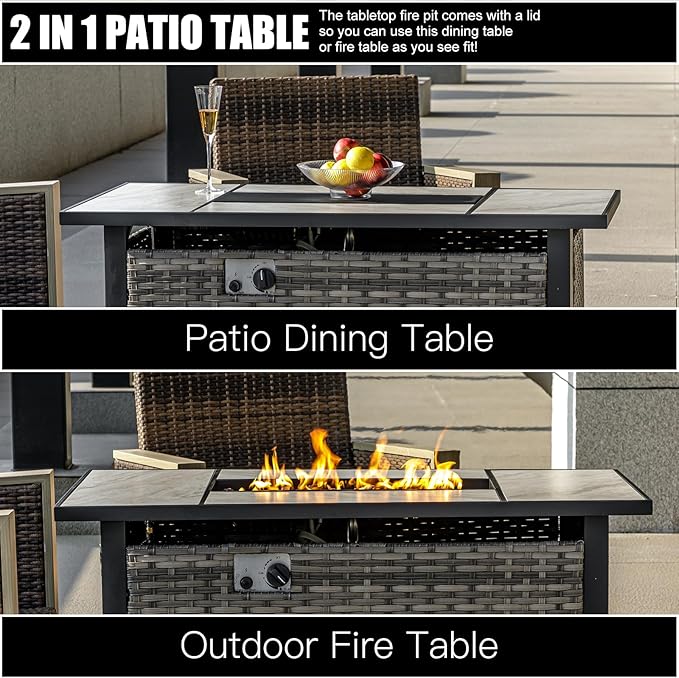 47" Propane Fire Pit Table with Real Ceramic Tabletop & Ratten Side Panel, 50000 BTU Gas Firepit Table with Lid & Glass Rock, Outdoor Fire Pit for Dining or Party, Firepit for Outside, Patio