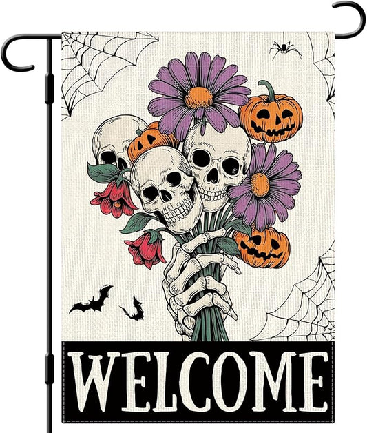 DLZDN Welcome Halloween Skull Garden Flag Skeleton Gothic Spooky Flag 12×18 Inch Double Side Vertical Burlap Farmhouse Yard Sign Holiday Seasonal Outdoor House Decoration