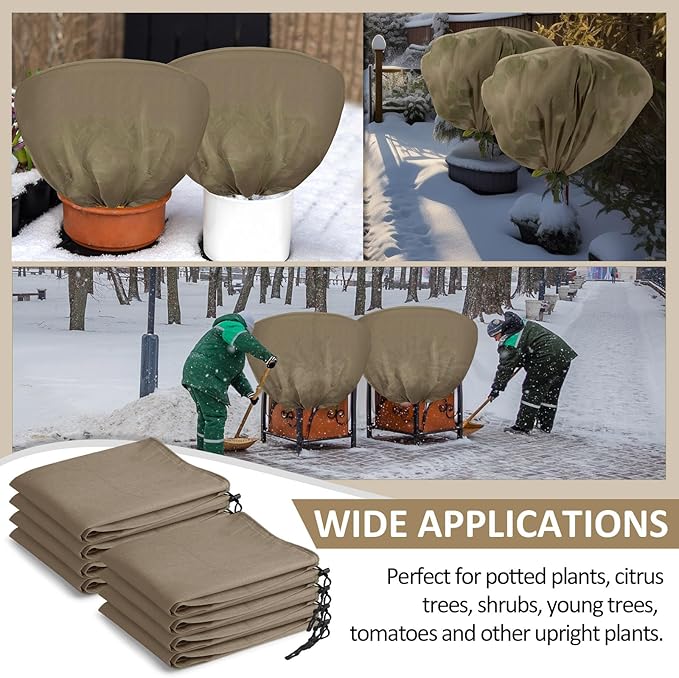 12 Pcs Winter Plant Covers Freeze Protection 39.4x23.6 Inch Horizontal Shrub Tree Rose Plant Protection Bags Frost Blanket with Drawstring for Fall Winter Outdoor Garden Planting (Brown)