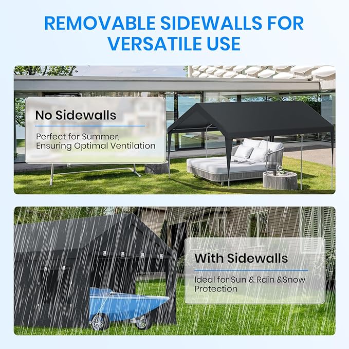 Carport 10x20 Heavy Duty Portable Garage,Carport Canopy with Roll-Up Windows & Doors,Portable Garages and Shelters with Removable Sidewalls,Car Tent Garage with All-Season Tarp for Truck Tractor Bike