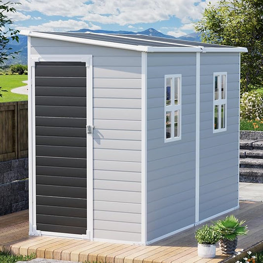 Resin Storage Shed 8x4x6 FT Waterproof Lean to Shed with Floor Included 2 Windows Lockable Door, Outdoor Plastic Sheds for Backyard Garden Patio Lawn Tools