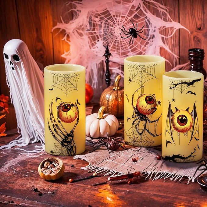 Eldnacele Halloween Flameless Flickering Candles with Timer, Battery Operated Spider Eyeballs, Bat Eyeballs, Skeleton Hand Eyeballs Decals Real Wax LED Pillar Candles Horror Spooky Decor(3pcs,D3×H6)