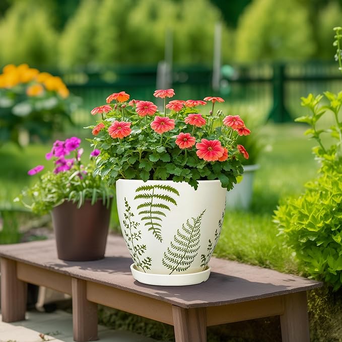 Ceramic Planter - 10 Inch Plant Pot for Outdoor Flowers with Drainage Hole and Saucer, Boho Round Decorative Indoor Flower Pot, Gifts for Plants Lovers, Home Patio Garden Room Decor, White
