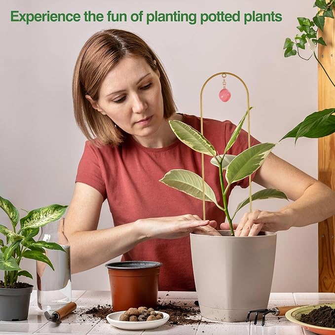 Plant Trellis for Climbing Plants, 15.75 inch Garden Small Metal Arch Glod Trellis for Potted Plants Indoor Outdoor with Natural Stone Decor for Vine Ivy Flower Support 4 Pack