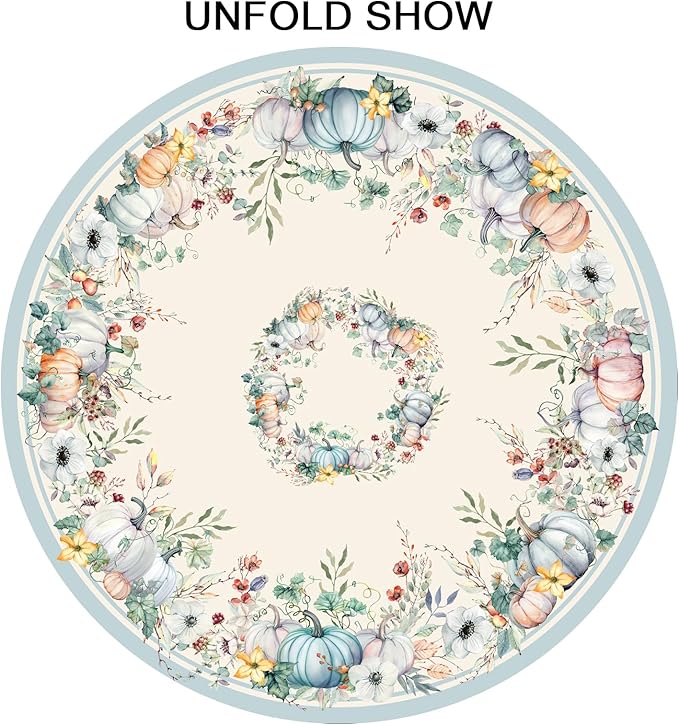 Pumpkin Leaves Round Tablecloth 60 Inch, Fall Autumn Thanksgiving Harvest Table Cloth Washable Table Cover for Dinner Kitchen Holiday Picnic Party Garden Decoration