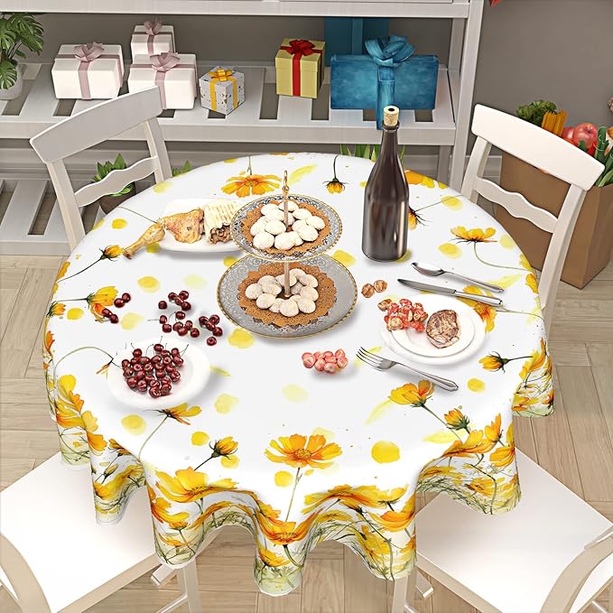 Giwawa Yellow Poppy Flowers Tablecloths for Round Table 60inch,Summer Floral Botanical Polyster Fabric Stain Resistant Table Cloth for Dining Room Kitchen Farmhouse Holiday Party Dinner