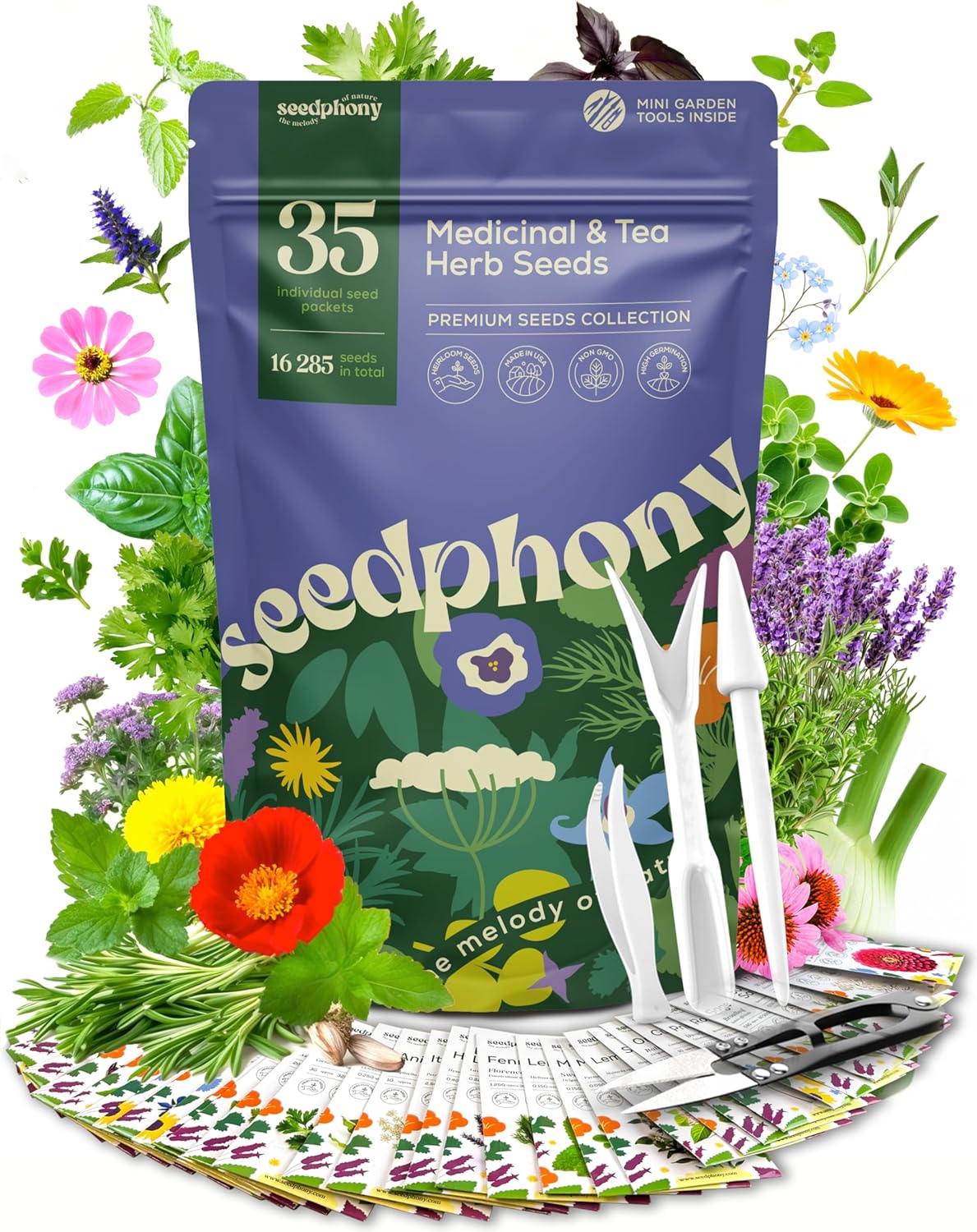 35 Medicinal & Tea Herb Seeds Variety Pack - 16,285+ Non-GMO Heirloom Herbs Seeds for Planting Indoor & Outdoor: Lavender, Rosemary, Echinacea, Mint, Catnip, Basil - Gardening Seed Packets