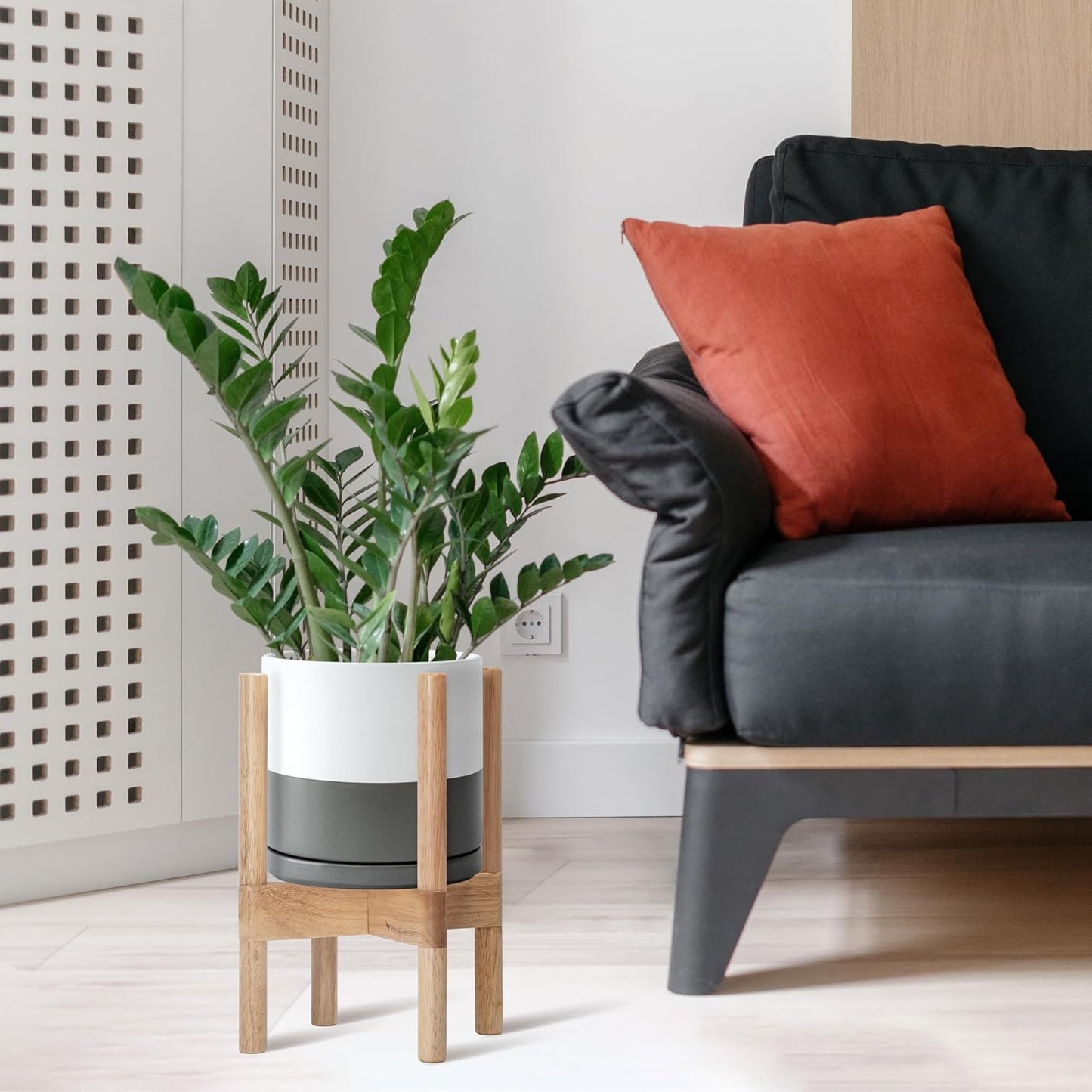 D'vine Dev Ceramic Planter with Natural Stand - 8 Inch Modern Round Flower Pot with Wood Planter Holder, White/Grey, 55-B-N-6