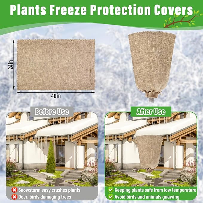 Riare 2 Packs 24 × 40 Inch Burlap Winter Plant Cover Bags with Drawstring- Reusable Large Burlap Sack Plant Frost Protector, Plant Frost Cloth Cold Tree Freeze Blanket for Outdoor Plants Shrubs Fruit