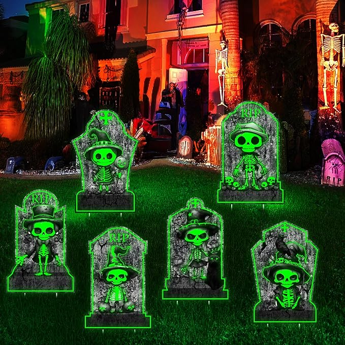 6pcs Glow in The Dark Halloween Tombstones Decor Outdoor or Indoor: 11x16.53, Skeletons, Black Cat, Crow, Waterproof Scary Light Up Gravestones for Home, Party, Cemetery Halloween Decor