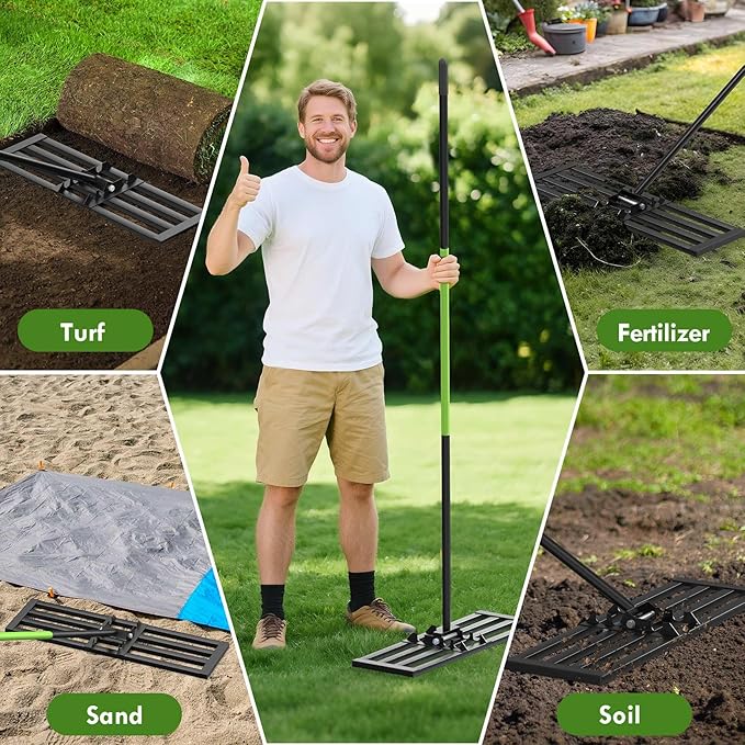 Seeutek Lawn Leveling Rake, 35” x 10” Lawn Leveler with 6.5FT Durable Handle Rakes for Lawns, 0-180° Adjustable Ground Leveler Tool for Yard, Level Soil Sand Dirt Surfaces