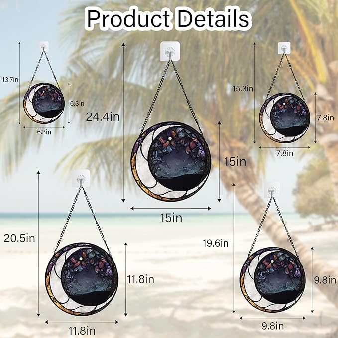 Stained Glass Window Hanging - Black and White Moon Sun Catcher for Door Terrace Garden Home Decor, Abstract Plant Flower Suncatcher Birthday Gifts for Lovers Women Men Dad Mom Nana 9.8 in