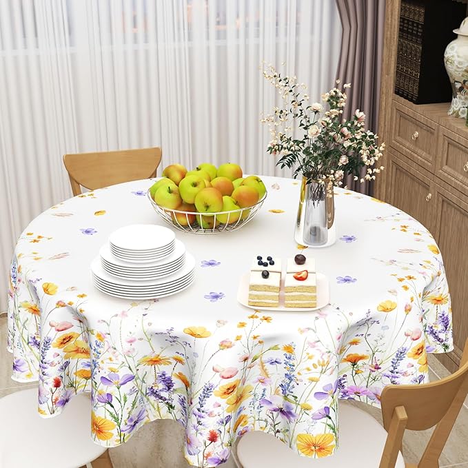 Giwawa Watercolor Wildflowers Round Tablecloth 60 Inch,Purple Lavender Orange Poppy Floral Reusable Washable Polyester Table Cover for Seasonal Indoor Outdoor Dining Party Picnic Decor
