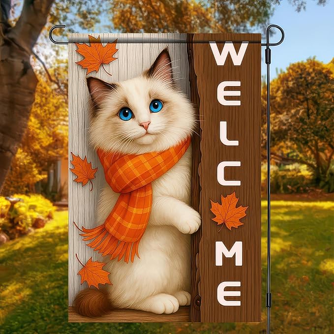 Thanksgiving Fall Garden Flag 12x18 Inch Welcome Blue Eyed Cat Outdoor Flag Double Sided Autumn Kitten Yard Banner with Orange Scarf Pet Decor for Porch Lawn Patio