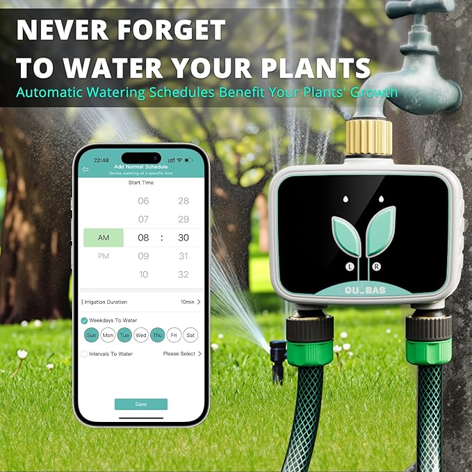 QUOBAS WiFi Sprinkler Timer with Brass Inlet & Outlet, 2-Zone Smart Water Timer for Garden Hose with APP Remote Control, Manual Watering, Rain Delay Watering, for Lawn, Garden
