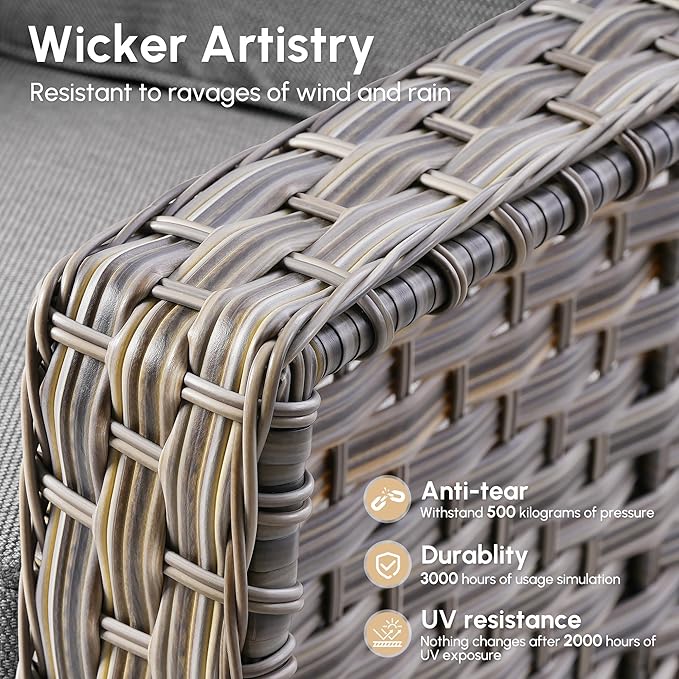 5 Pieces Patio Outdoor Furniture Set with Swivel Rocking Chairs,All Weather Wicker Rattan Patio Seating Sofa and Chair Set w/Glowing Table,Outdoor Conversation Sets for Deck Yard Garden,Dark Grey